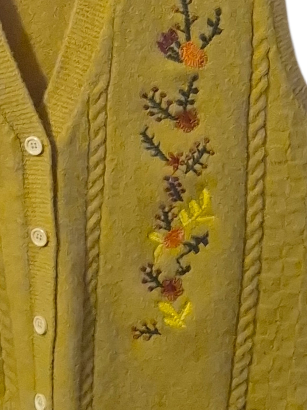 Floral Embroidered Sweater Vest M Mustard Cable Knit Cottagecore Boho Indie Folk - Picture 2 of 6